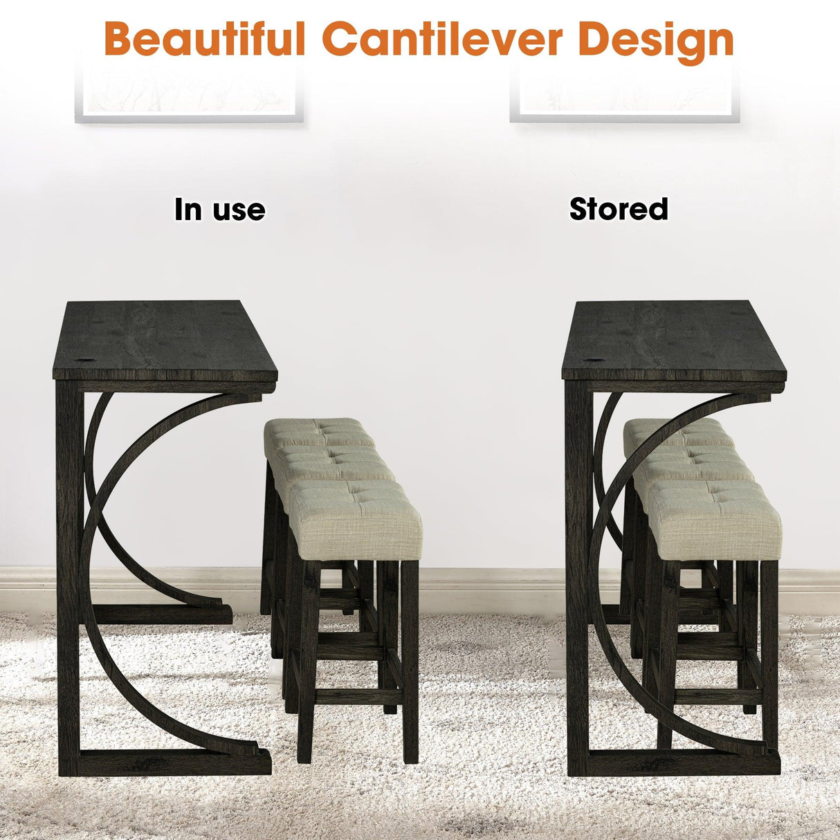 59" Rustic Dining&Bar Table Set with 3 Stools for Apartment, USB-A & USB-C Charging Ports