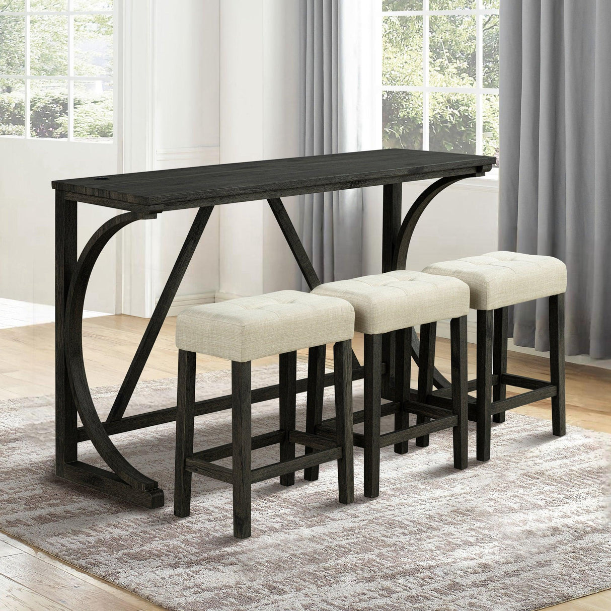 59" Rustic Dining&Bar Table Set with 3 Stools for Apartment, USB-A & USB-C Charging Ports