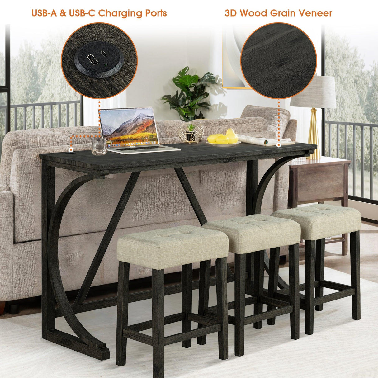 59" Rustic Dining&Bar Table Set with 3 Stools for Apartment, USB-A & USB-C Charging Ports