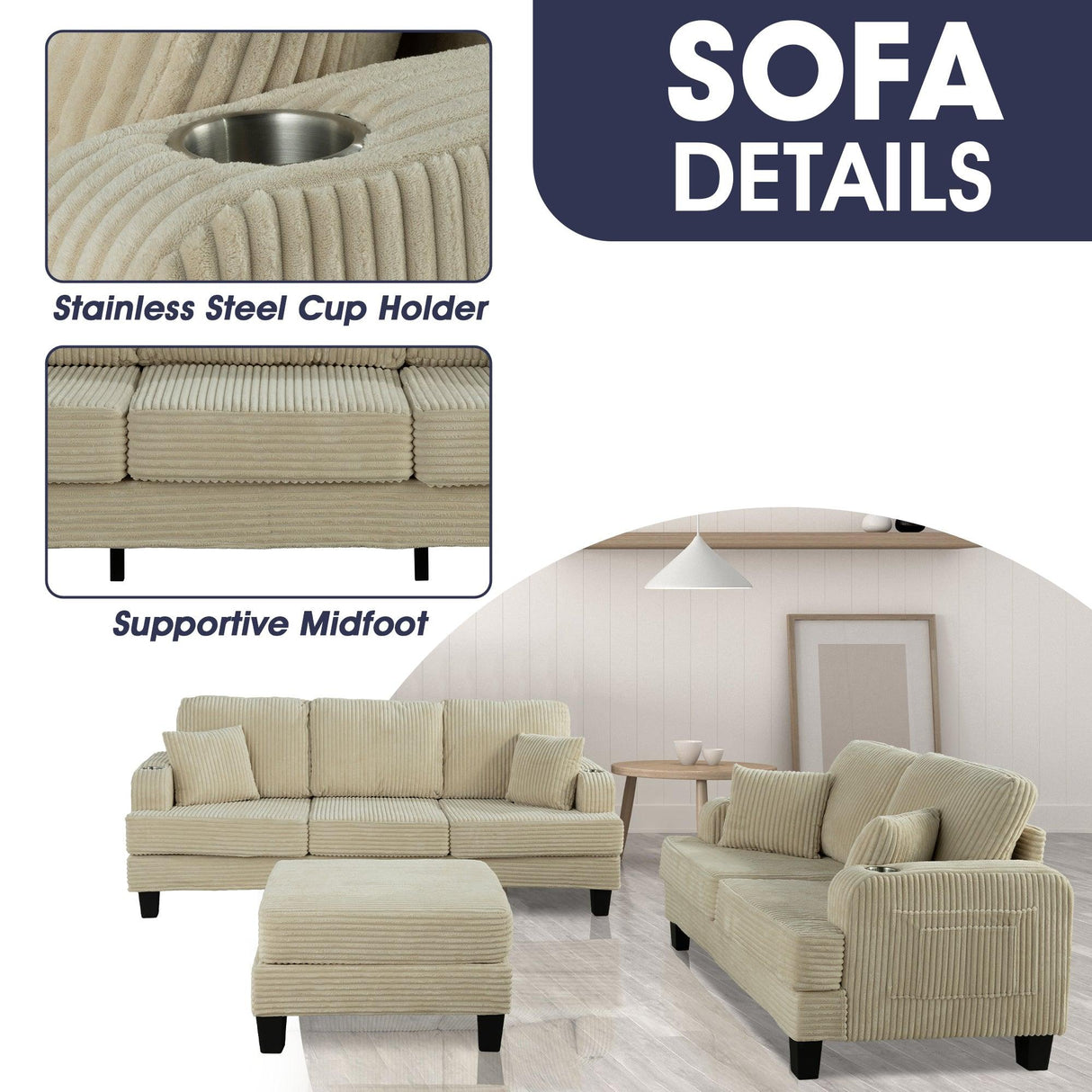 Beige 3 Piece Set Comfy Sofa Couch 3-Seater & Loveseat Sofa with Storage Ottoman with USB