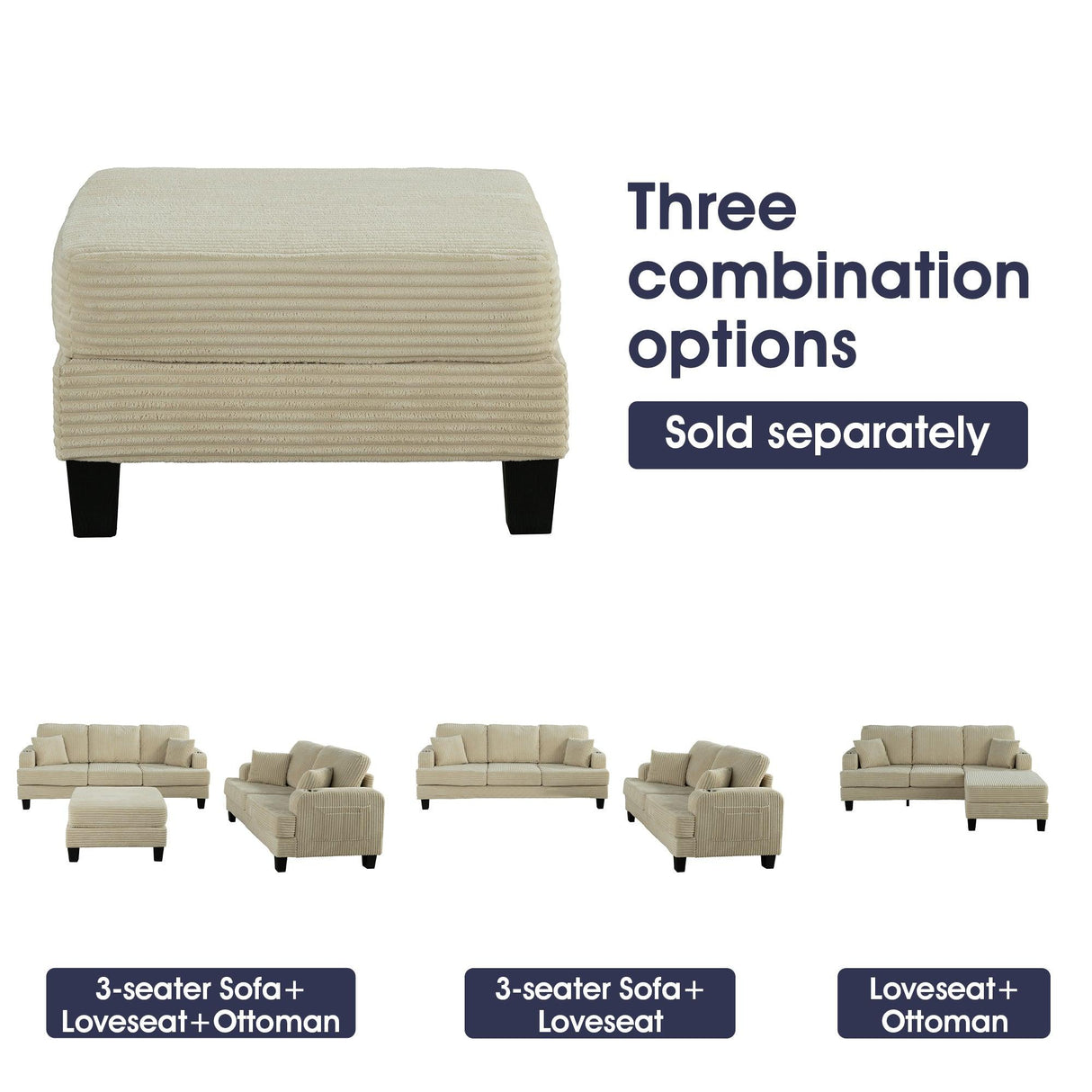 Beige 3 Piece Set Comfy Sofa Couch 3-Seater & Loveseat Sofa with Storage Ottoman with USB