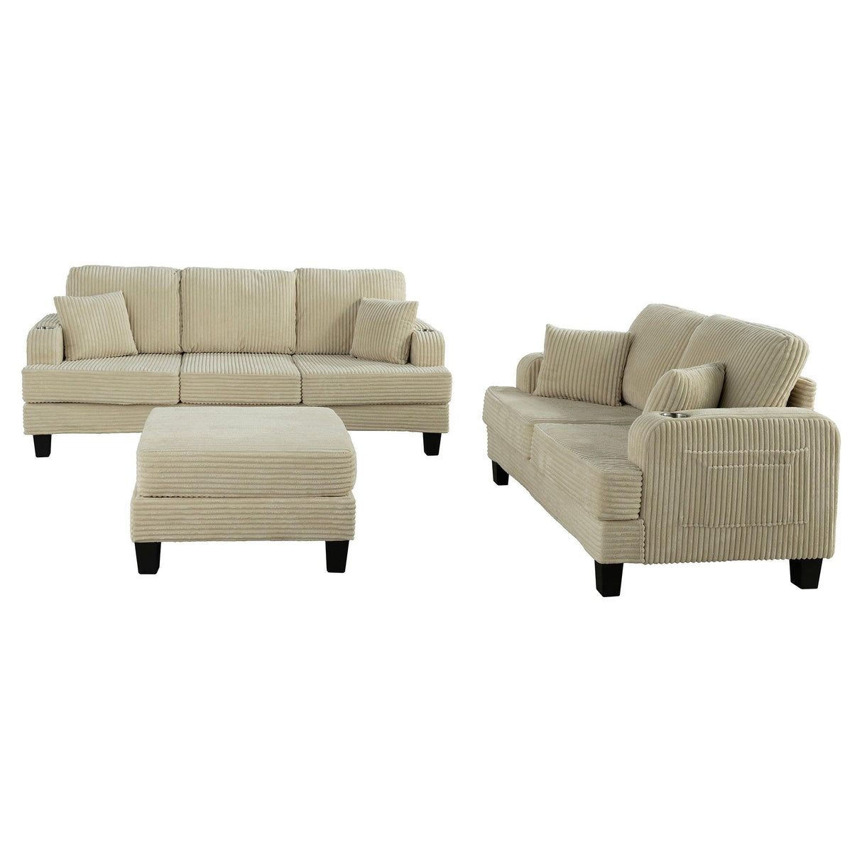 Beige 3 Piece Set Comfy Sofa Couch 3-Seater & Loveseat Sofa with Storage Ottoman with USB