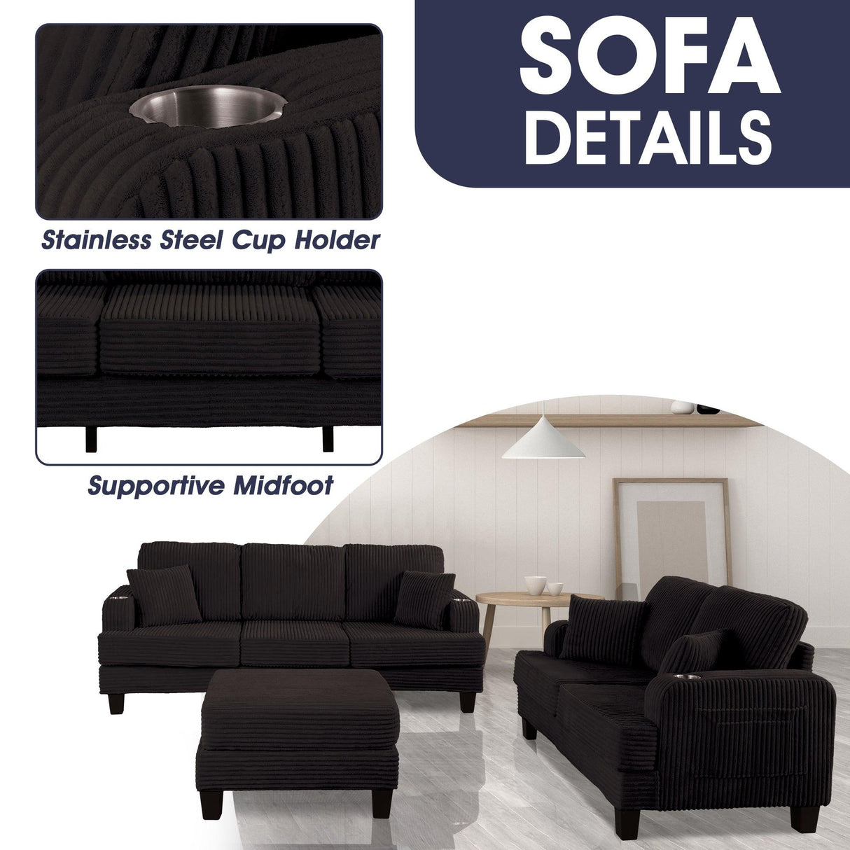 Black 3 Piece Set Comfy Sofa Couch 3-Seater & Loveseat Sofa with Storage Ottoman for Living Room with USB, Side Pockets, Pillows included