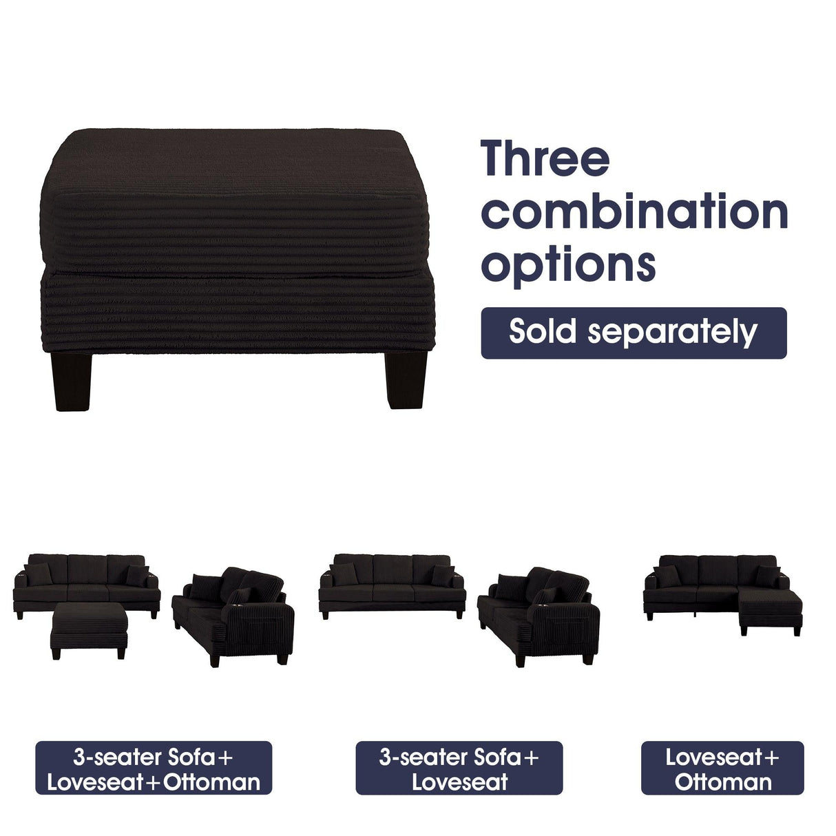 Black 3 Piece Set Comfy Sofa Couch 3-Seater & Loveseat Sofa with Storage Ottoman for Living Room with USB, Side Pockets, Pillows included