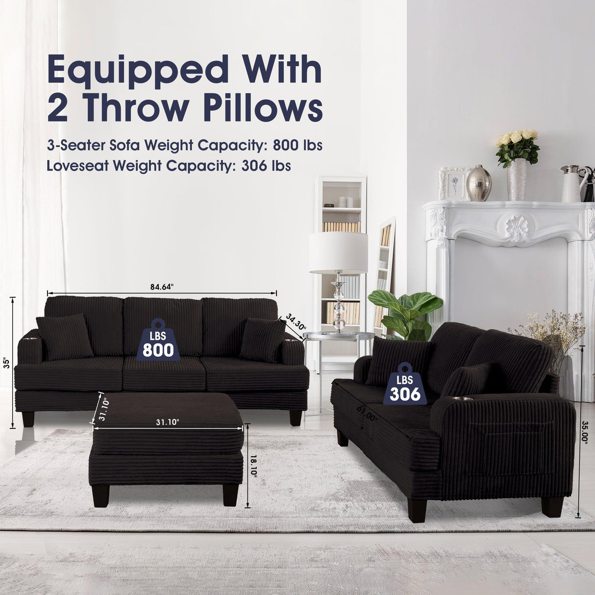 Black 3 Piece Set Comfy Sofa Couch 3-Seater & Loveseat Sofa with Storage Ottoman for Living Room with USB, Side Pockets, Pillows included