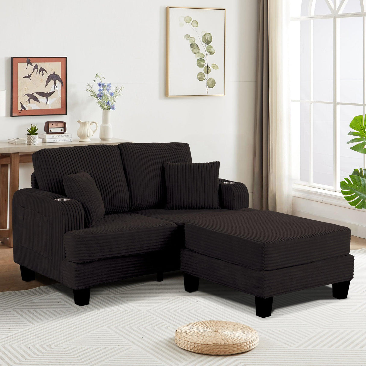 Black 3 Piece Set Comfy Sofa Couch 3-Seater & Loveseat Sofa with Storage Ottoman for Living Room with USB, Side Pockets, Pillows included