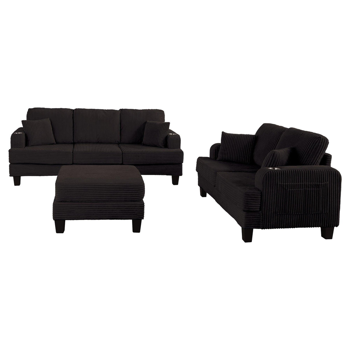 Black 3 Piece Set Comfy Sofa Couch 3-Seater & Loveseat Sofa with Storage Ottoman for Living Room with USB, Side Pockets, Pillows included