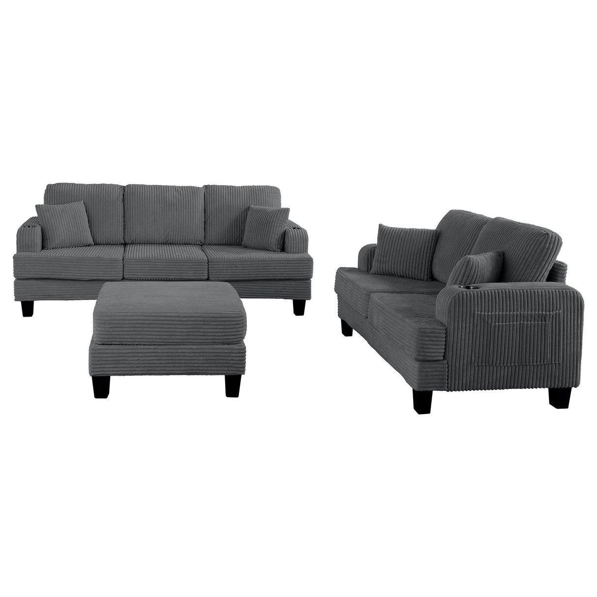 Dark Gray 3 Piece Set Comfy Sofa Couch 3-Seater & Loveseat Sofa with Storage Ottoman for Living Room with USB, Side Pockets, Pillows included