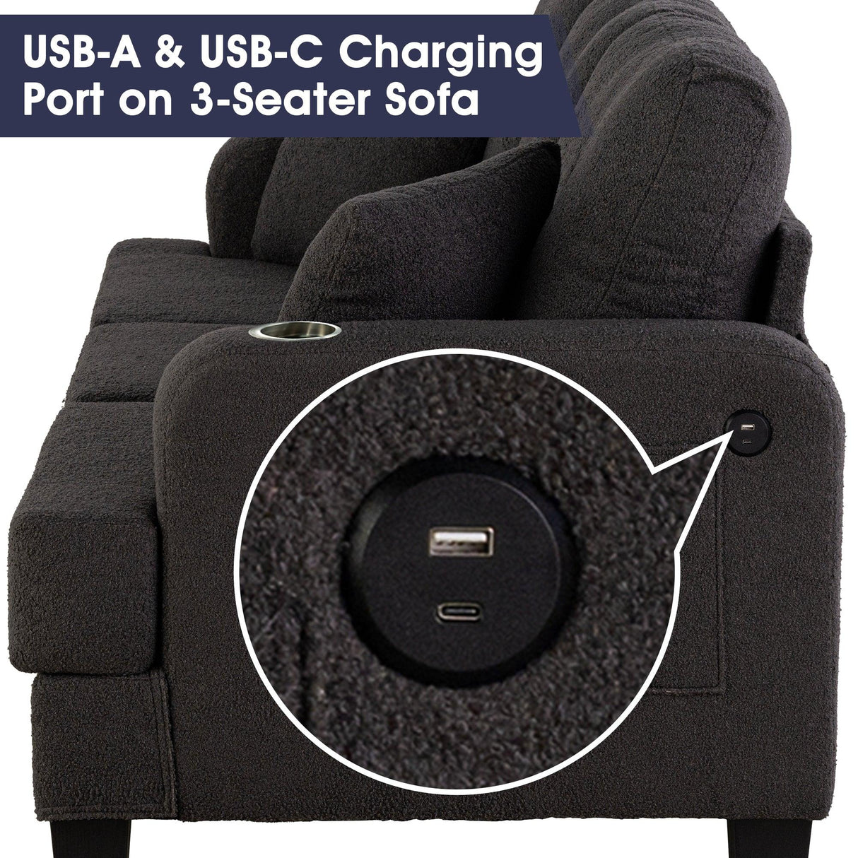 Dark Gray 3-Piece Sofa Set with Storage Ottoman & USB Charging