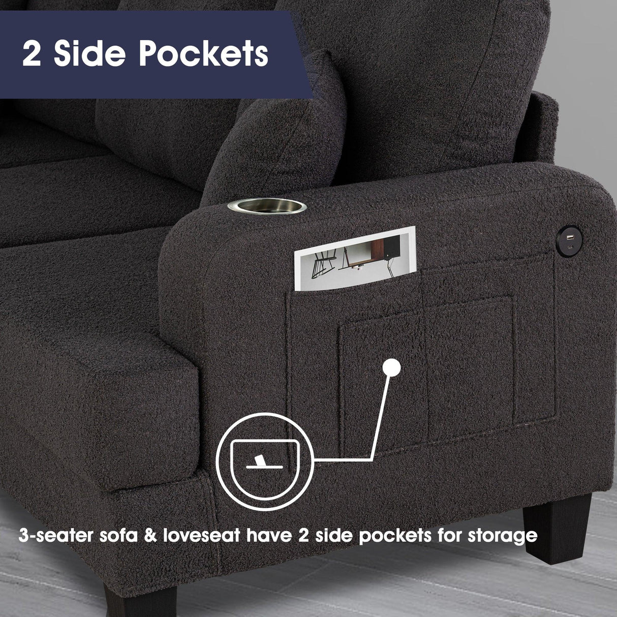 Dark Gray 3-Piece Sofa Set with Storage Ottoman & USB Charging