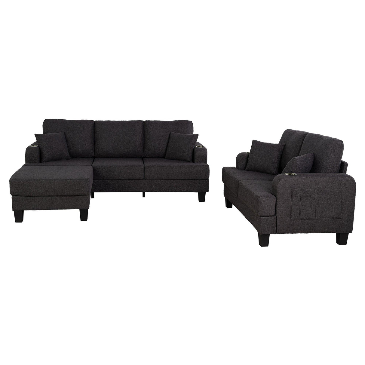 Dark Gray 3-Piece Sofa Set with Storage Ottoman & USB Charging