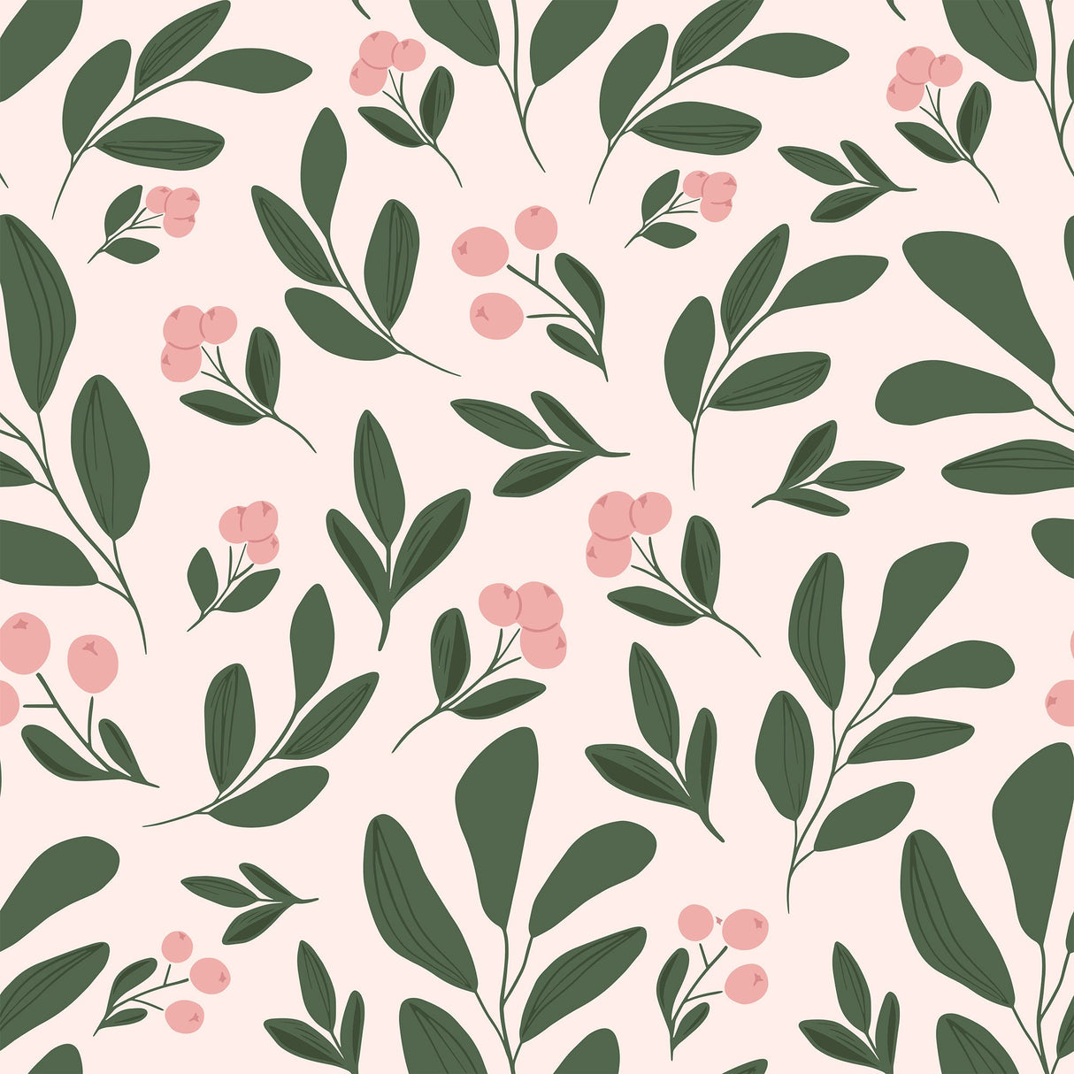 Pink Berry and Green Leaf Botanical Removable Wallpaper