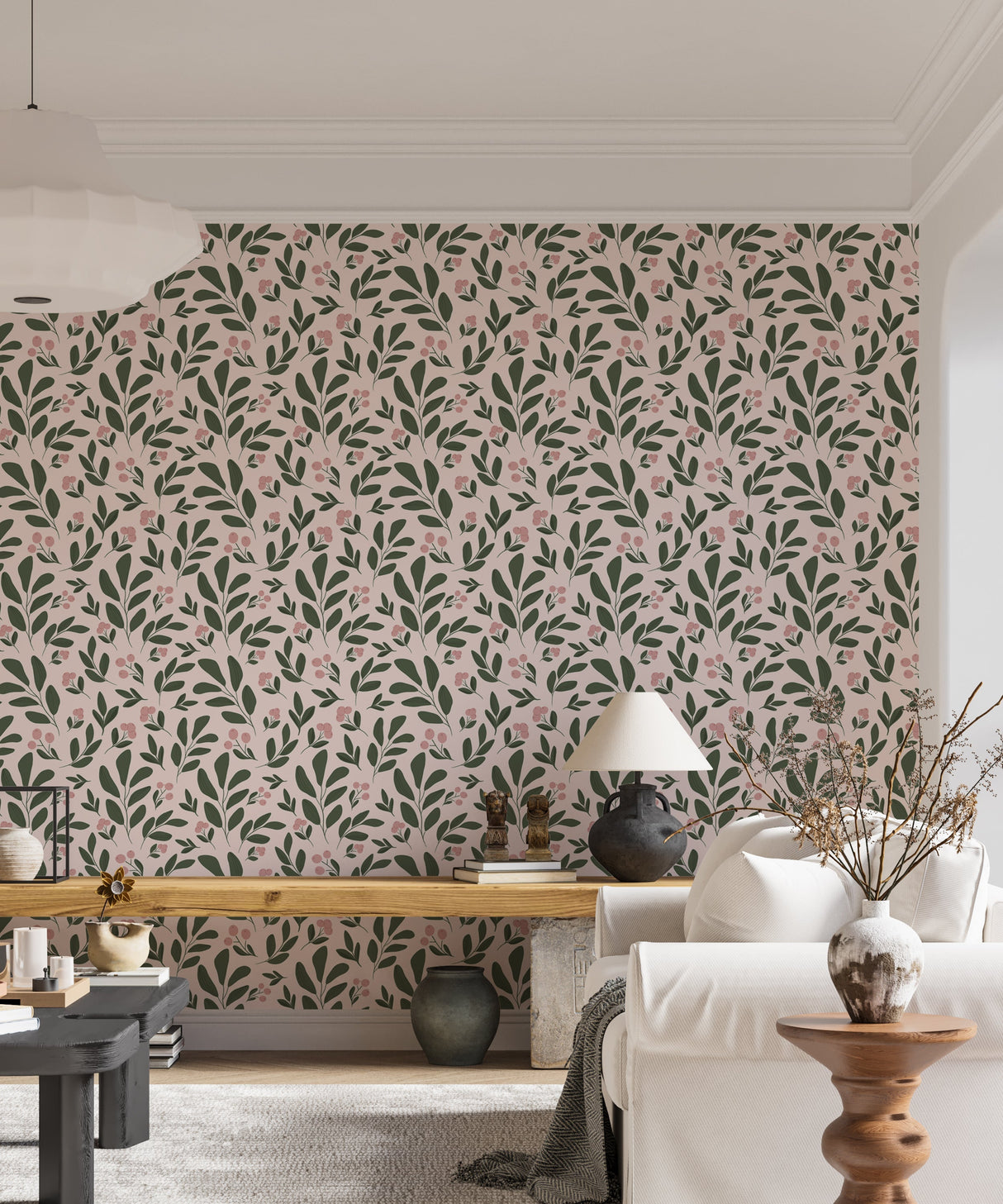 Pink Berry and Green Leaf Botanical Removable Wallpaper