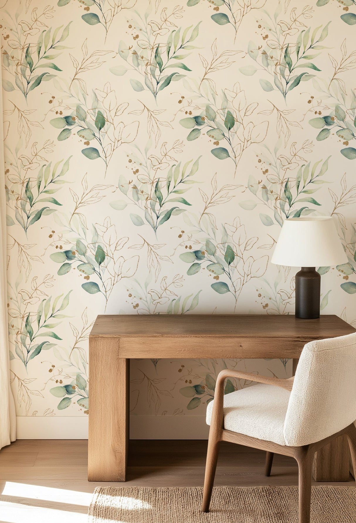 Watercolor Botanical Wallpaper with Gold Accents