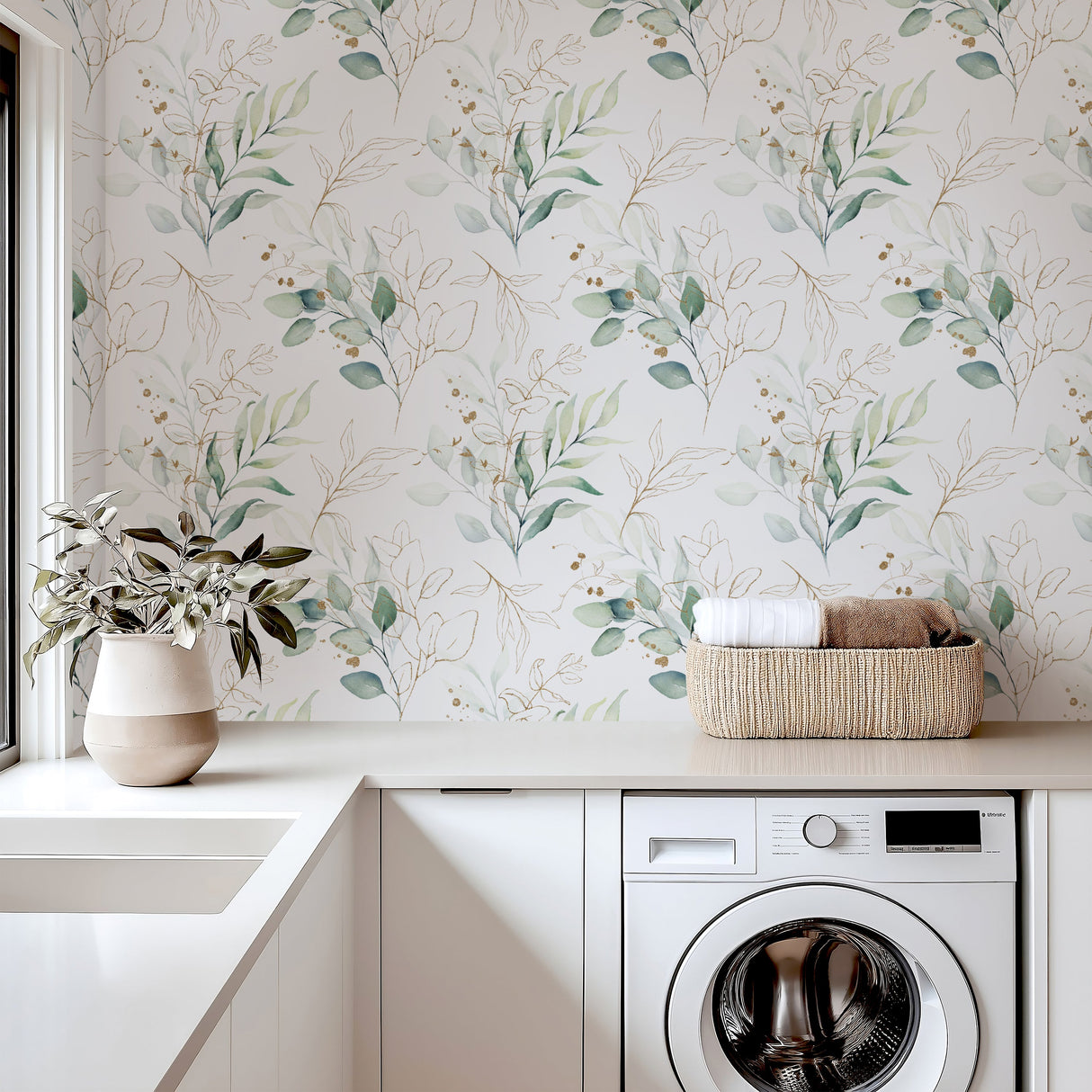 Watercolor Botanical Wallpaper with Gold Accents