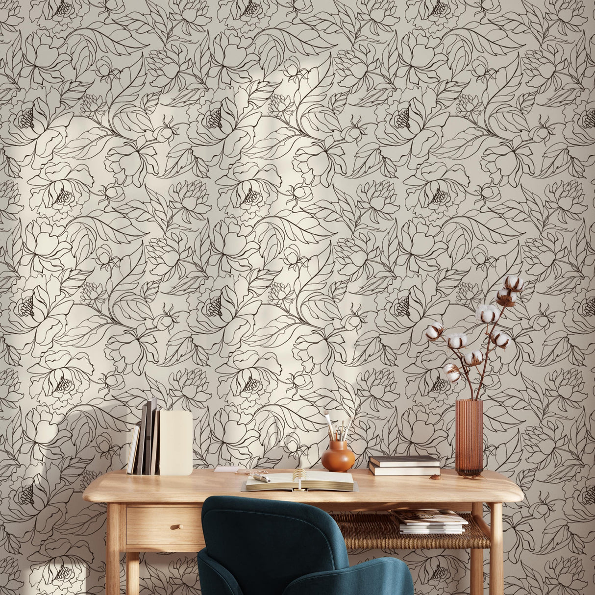 Elegant Line Art Peony Wallpaper