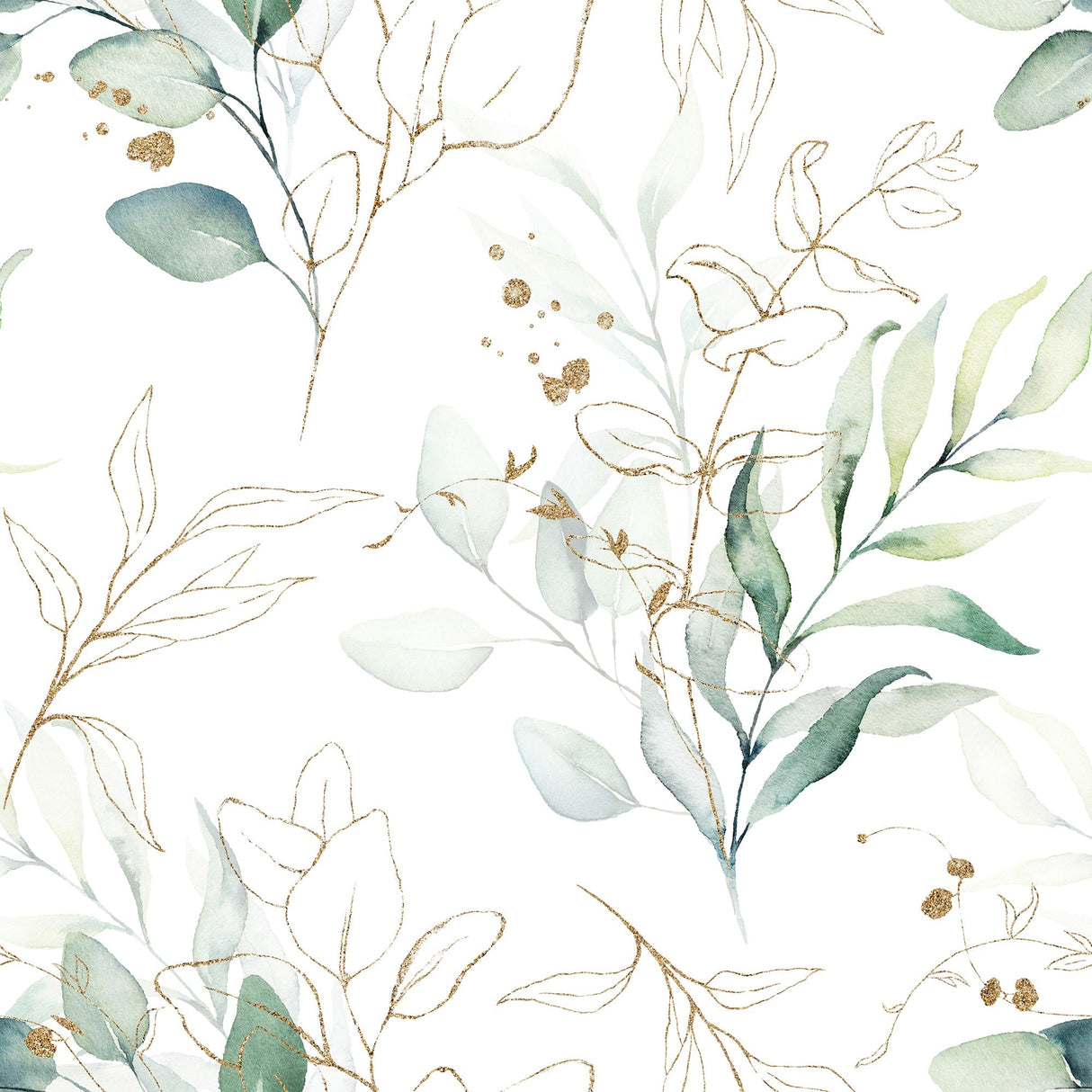 Watercolor Botanical Wallpaper with Gold Accents