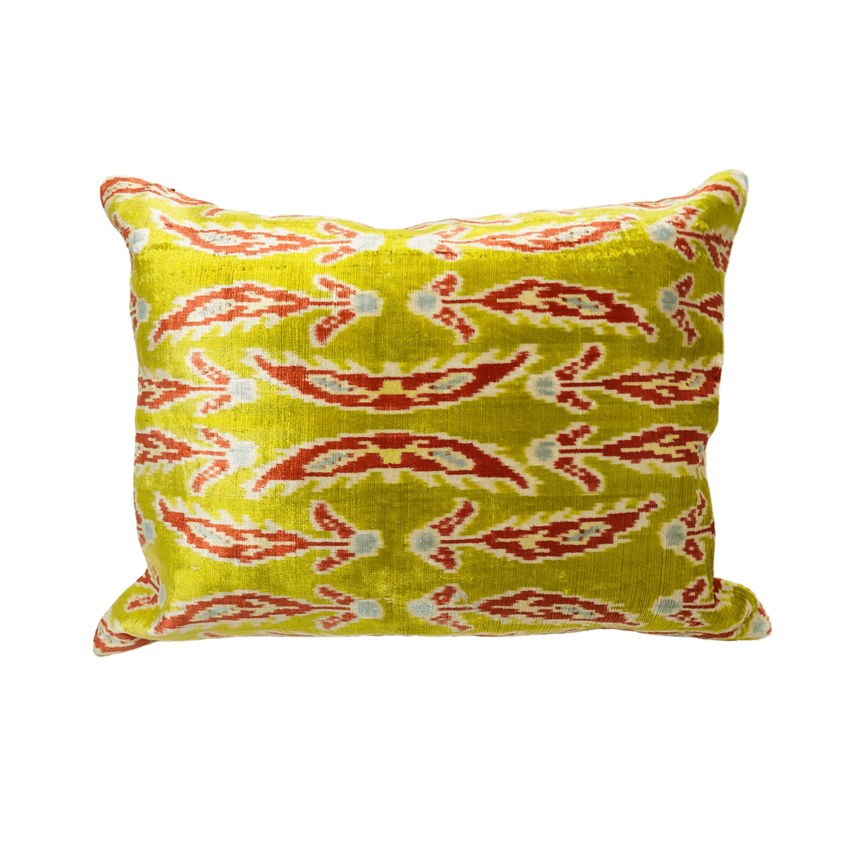 Silk Velvet Ikat Pillow - Chartreuse, Rusty Orange 16"x21"