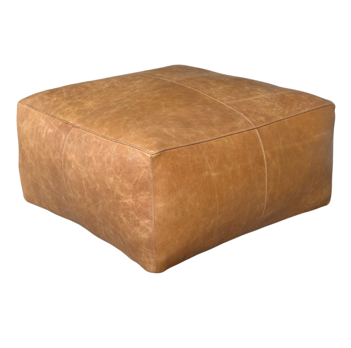 Square Leather Pouf - Tan