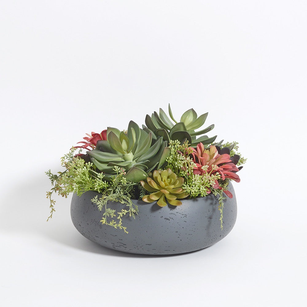 Round Artificial Succulent Arrangement, Gray Planter