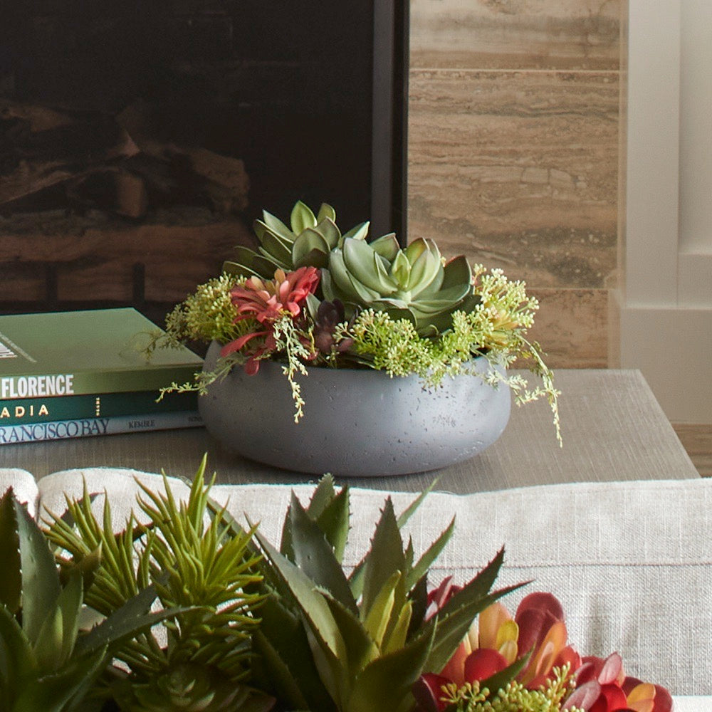 Round Artificial Succulent Arrangement, Gray Planter