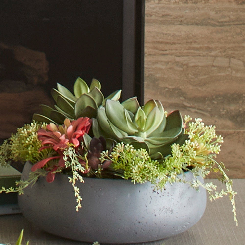 Round Artificial Succulent Arrangement, Gray Planter