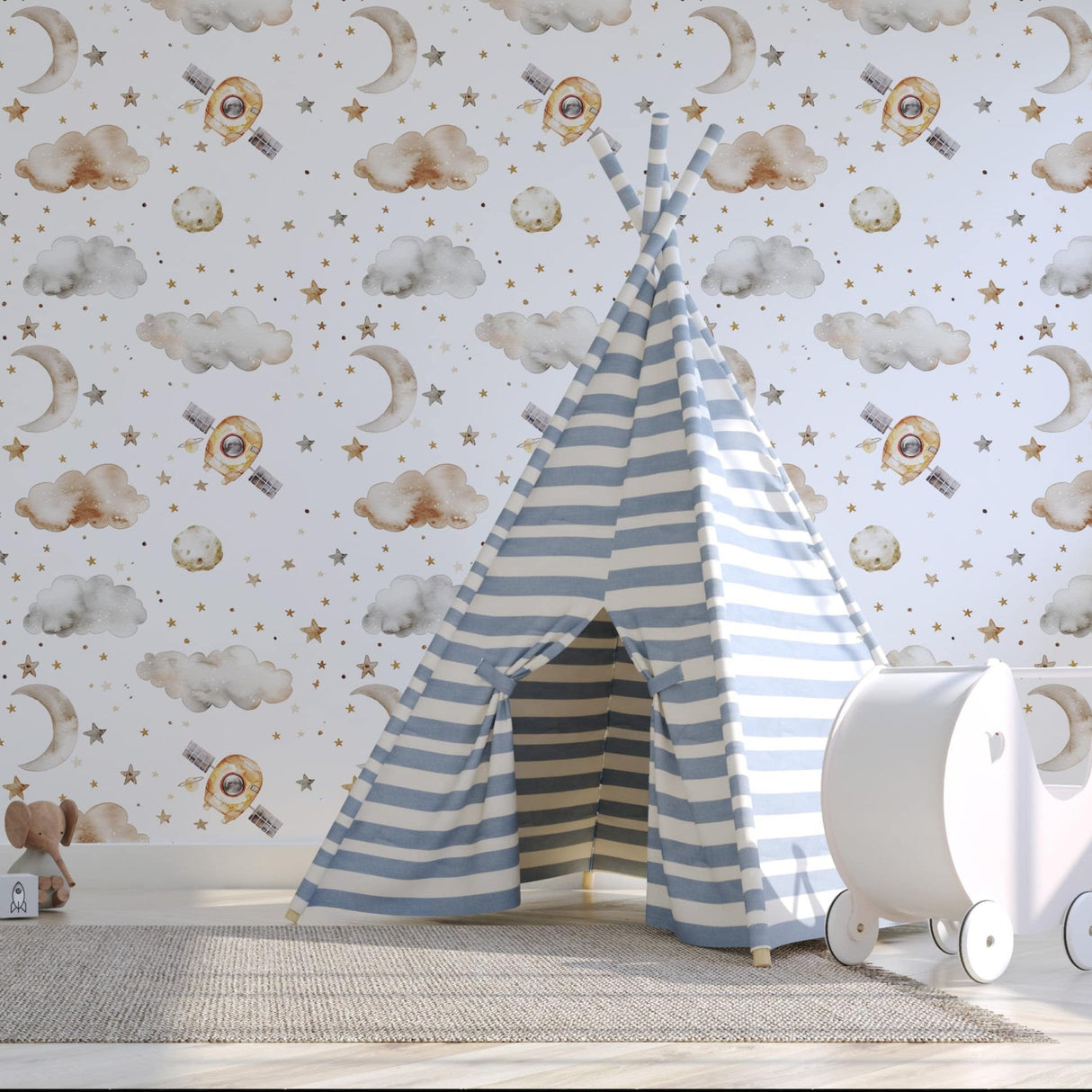 Spaceship Wallpaper For Boys - Soft Clouds and Stars