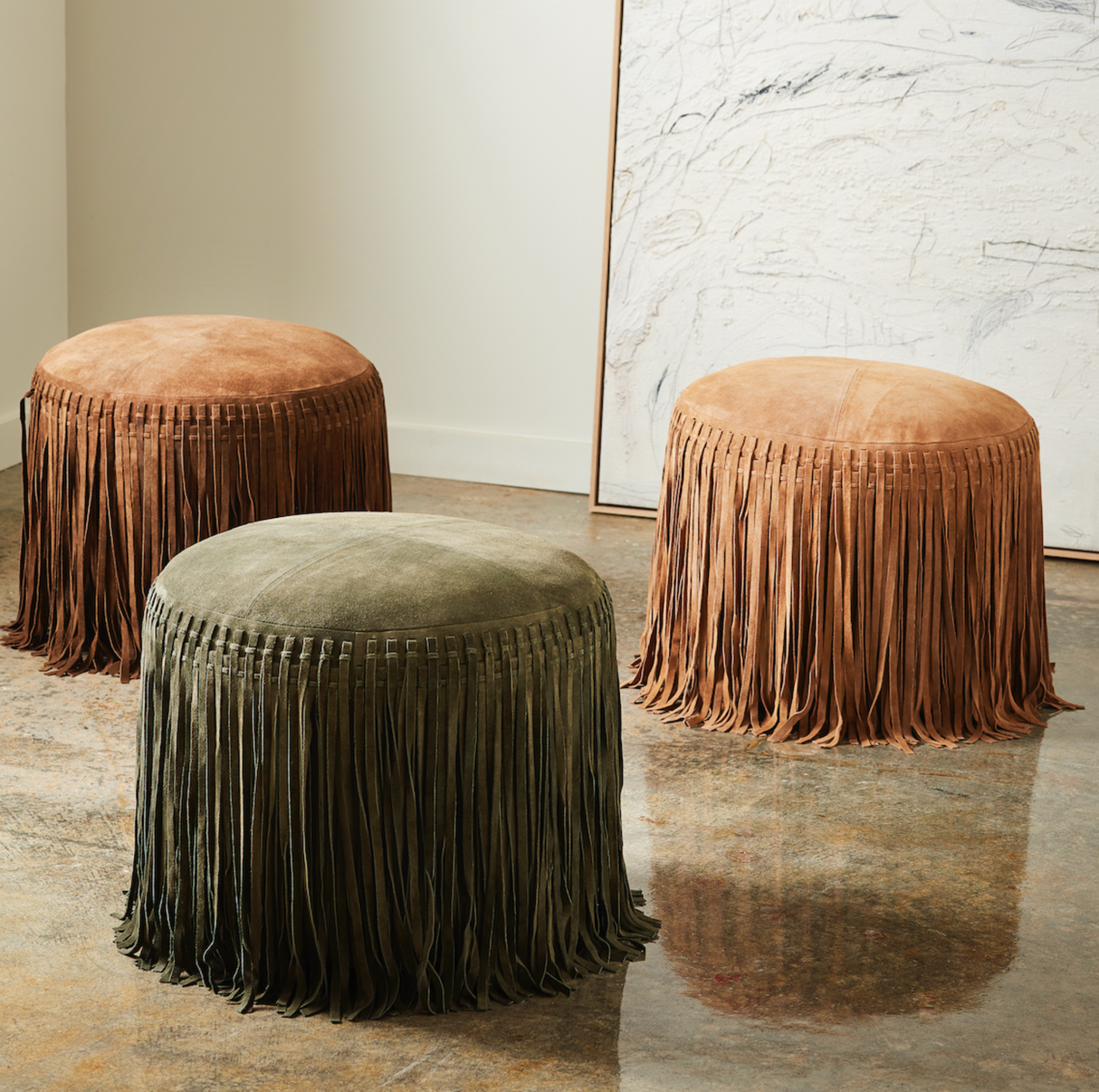 Suede Pouf w/ Fringe - Light Brown