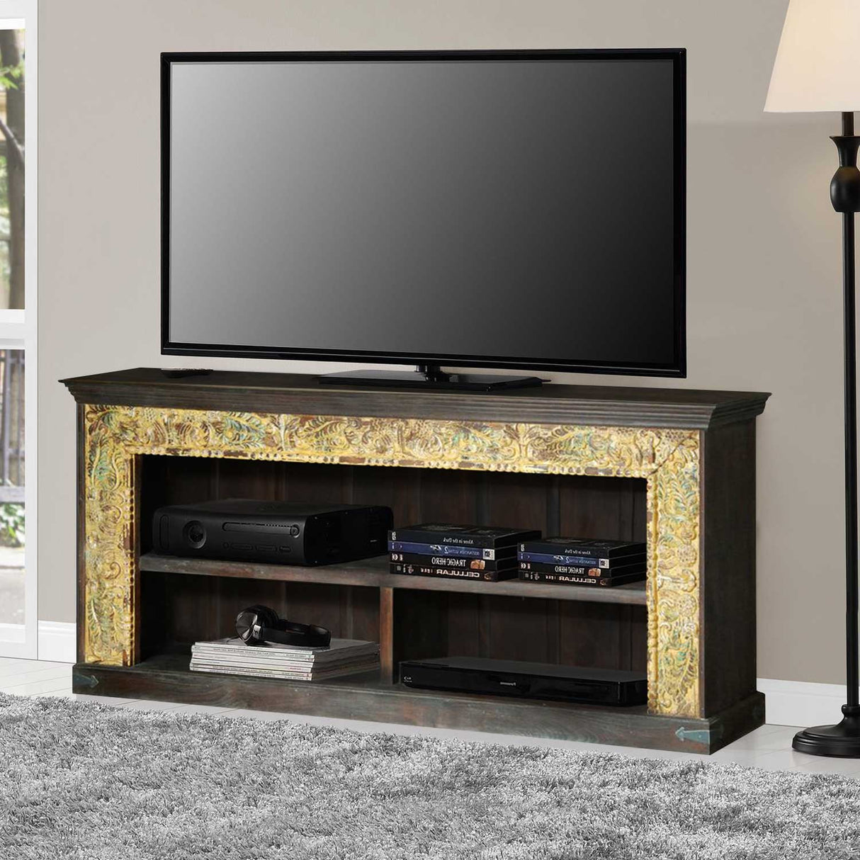 Antique Carved Antique Doorframe Solid Wood Media Console