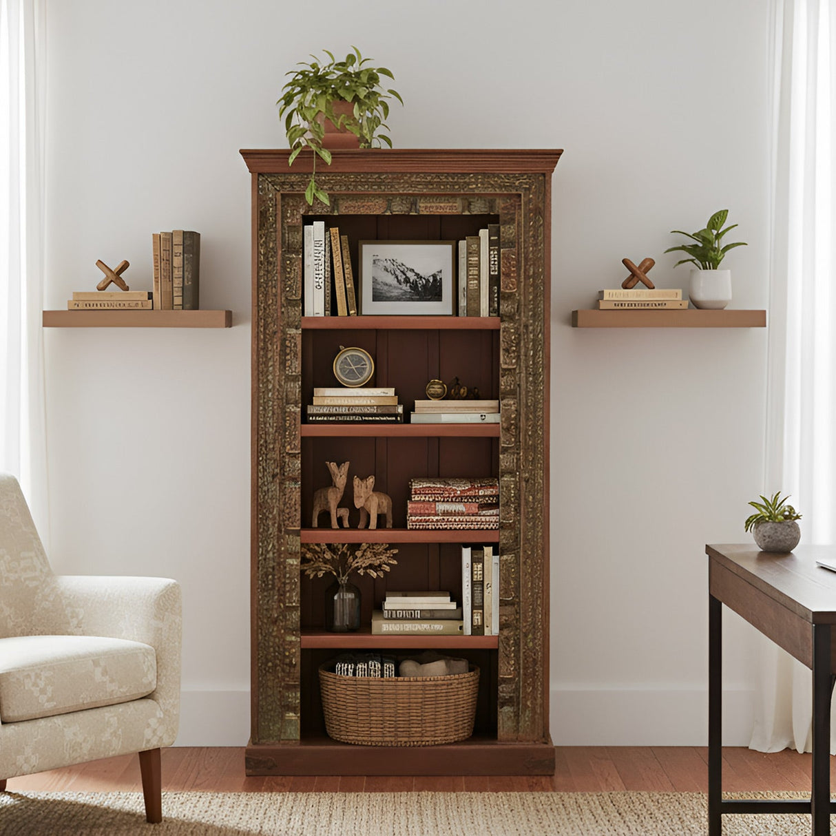 Antique Carved Doorframe Repurposed Rustic 5 Shelves Bookcase