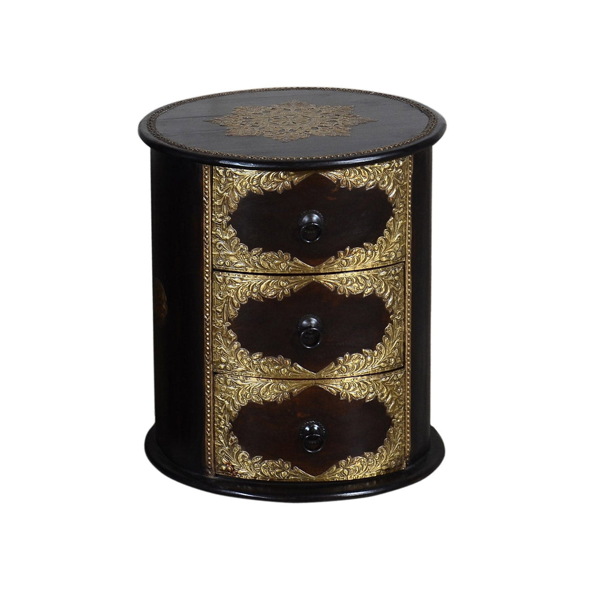Round Chest Of Drawers With Brass Accents End Table