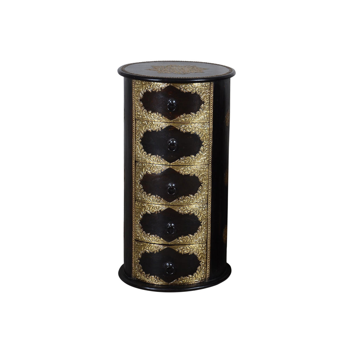 Round Chest Of Drawers With Brass Accents End Table