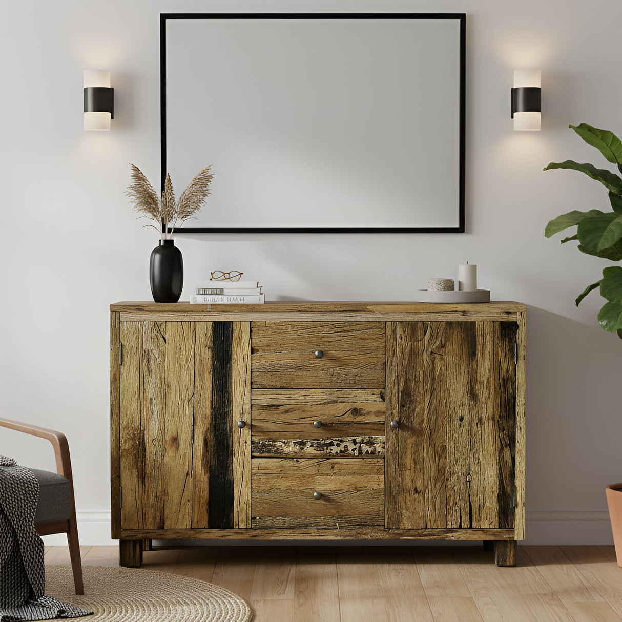 Ranch Style Rustic Aged Rail Road Ties Repurposed Teak Wood Sideboard Cabinet