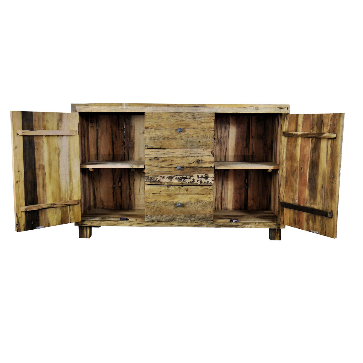 Ranch Style Rustic Aged Rail Road Ties Repurposed Teak Wood Sideboard Cabinet