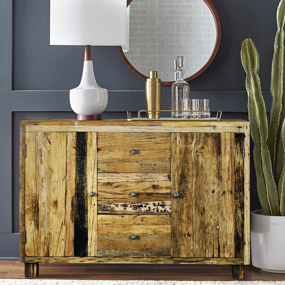 Ranch Style Rustic Aged Rail Road Ties Repurposed Teak Wood Sideboard Cabinet