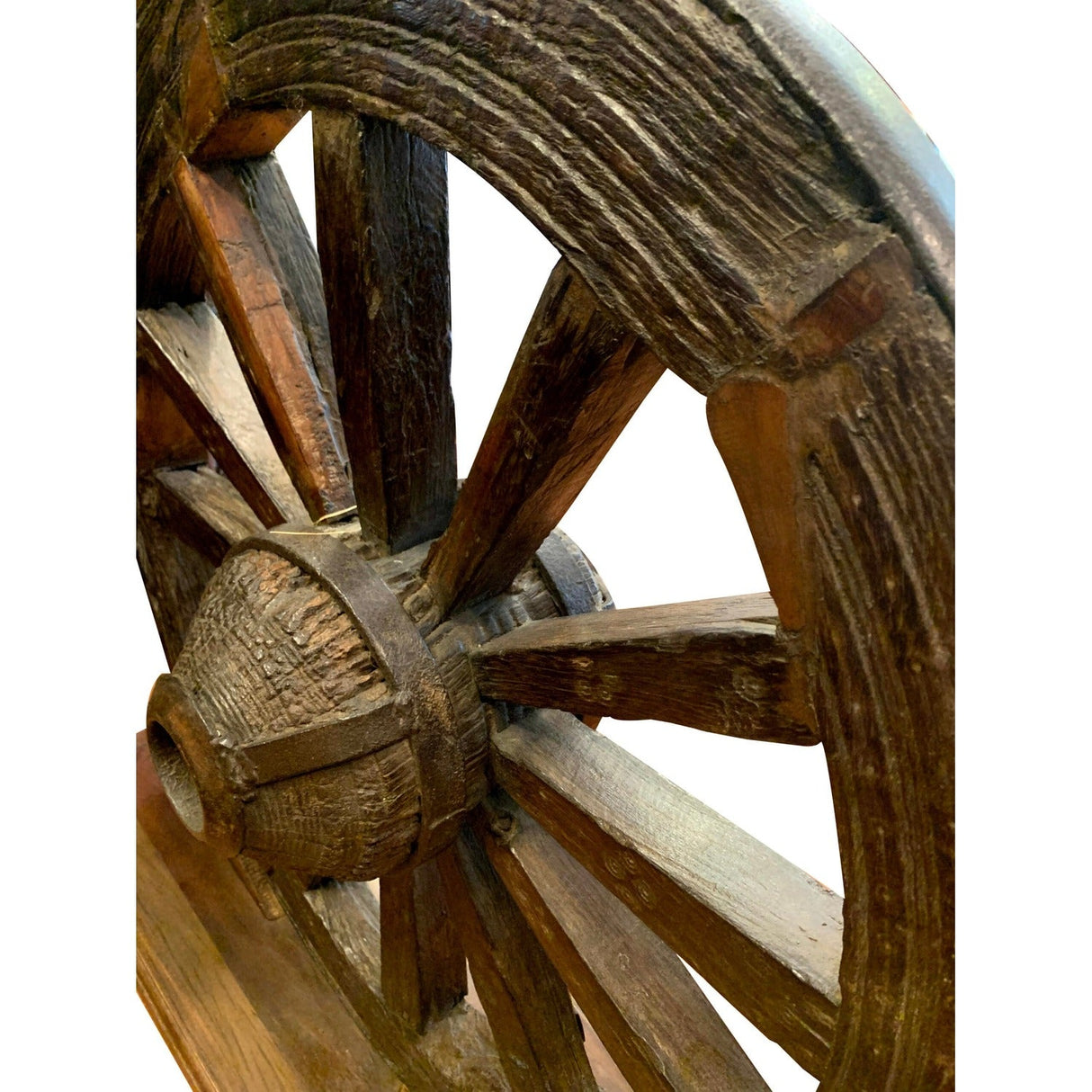 Antique Rustic 32 in. Wide Wagon Wheel On Display Stand