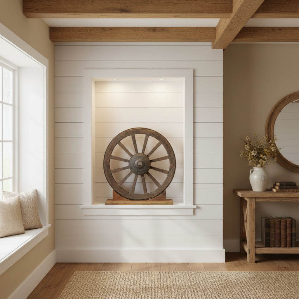 Antique Rustic 32 in. Wide Wagon Wheel On Display Stand