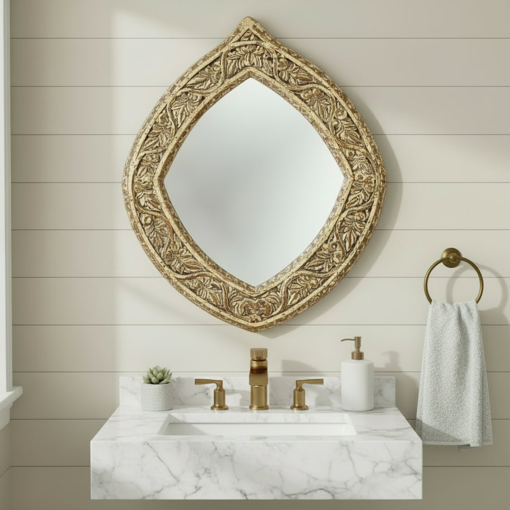 Farmhouse Style 27" x 32" Hand Carved Distressed Oval Shaped Mirror