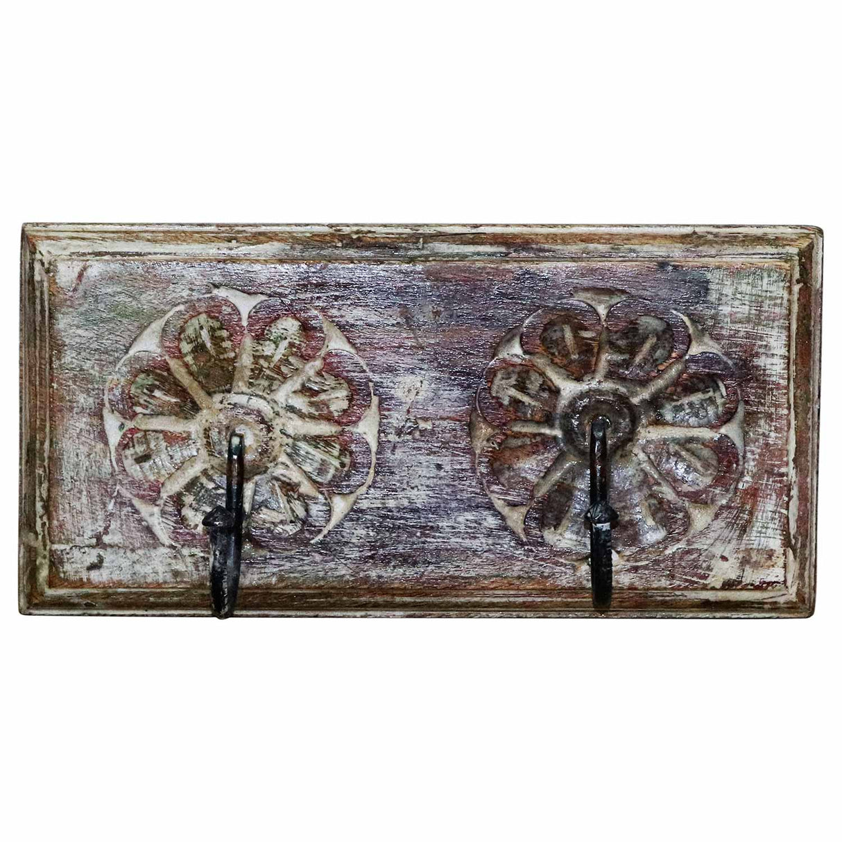Boho Carved Wooden Double Wall Hook Panel