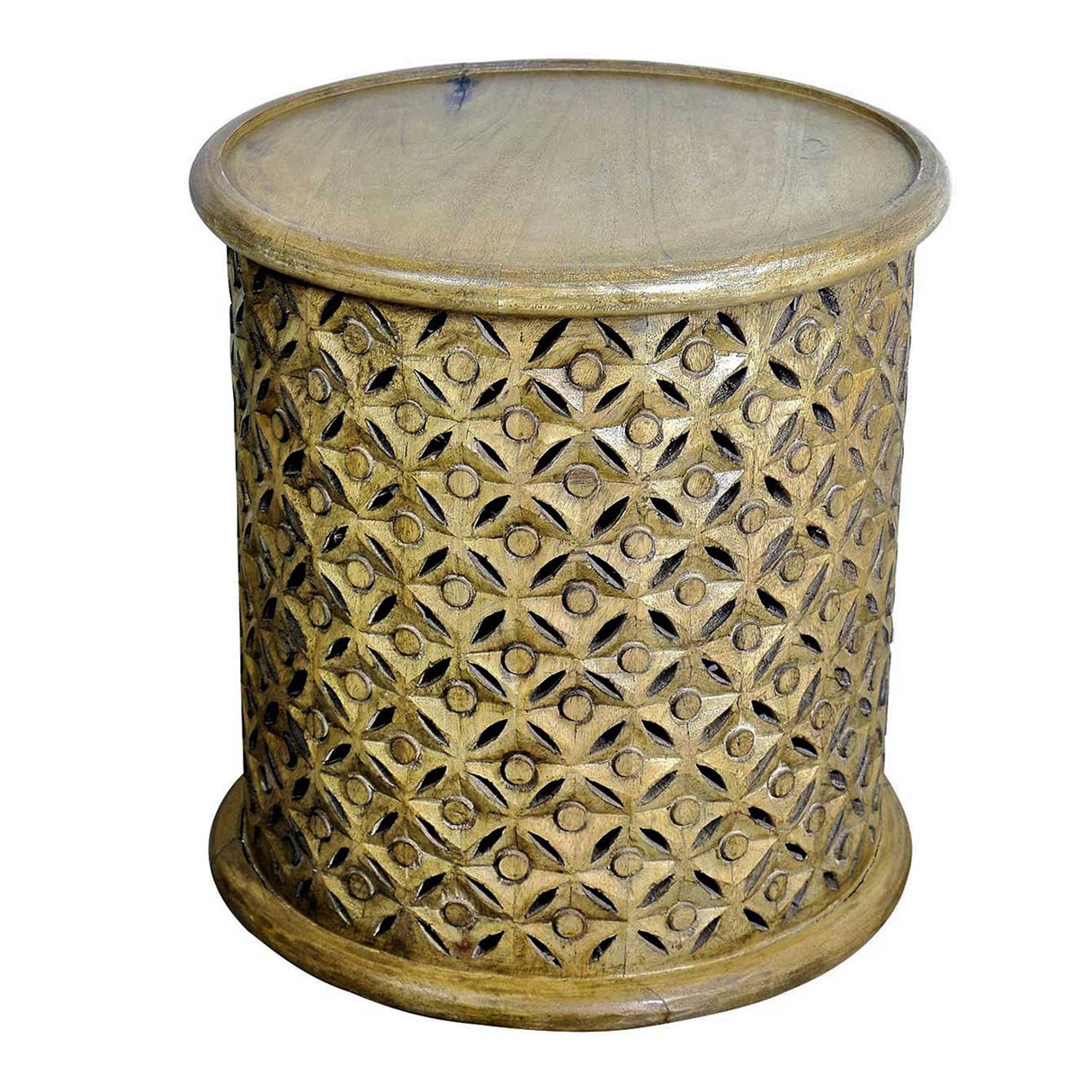 Modern Solid Wood Lattice Carved 17" Round End Table