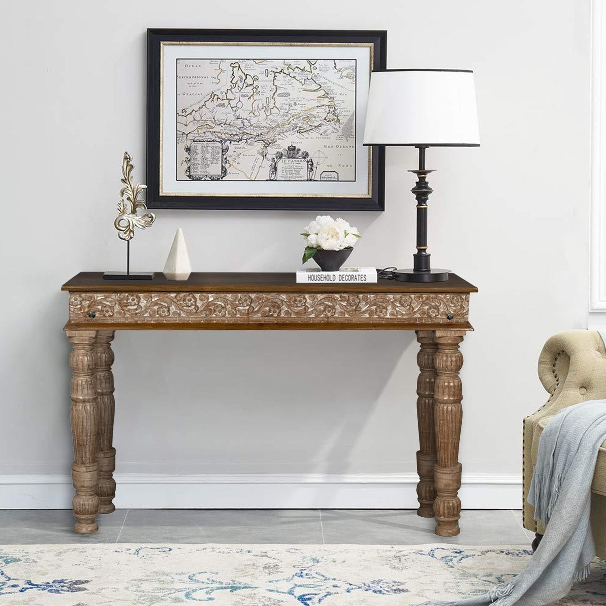 Farmhouse Style Solid Wood Carved 48" Long Distressed Sofa Table