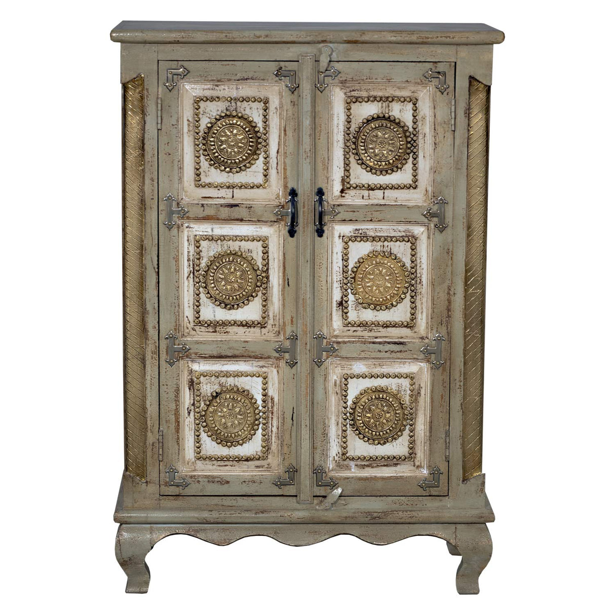 Elegant 2-Door Solid Wood Gray Tall Cabinet With Brass Accents