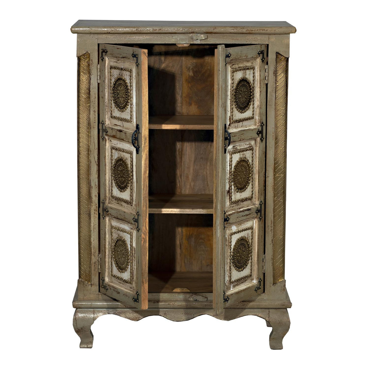 Elegant 2-Door Solid Wood Gray Tall Cabinet With Brass Accents