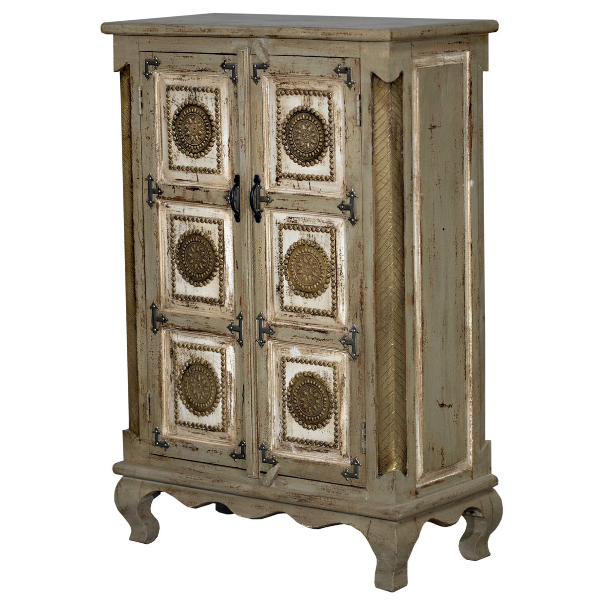 Elegant 2-Door Solid Wood Gray Tall Cabinet With Brass Accents