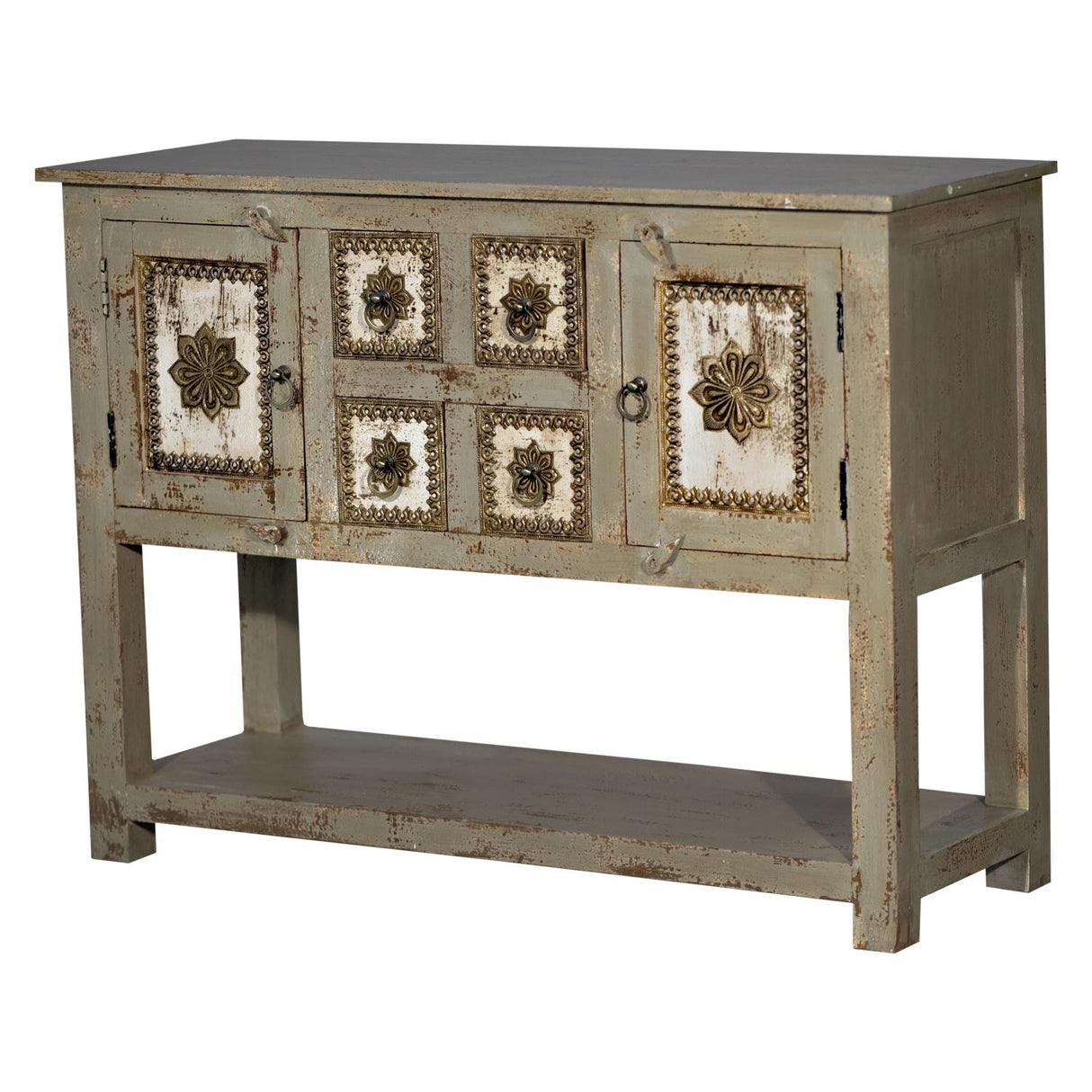 Mid Century Modern Solid Wood & Brass Accent Console With Drawers