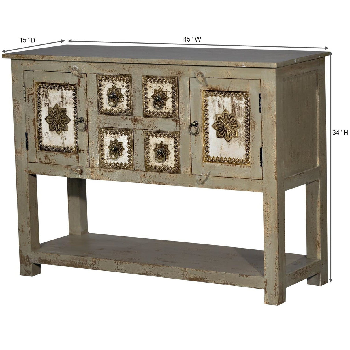 Mid Century Modern Solid Wood & Brass Accent Console With Drawers