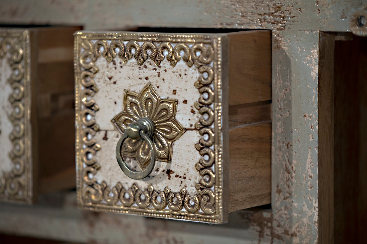 Mid Century Modern Solid Wood & Brass Accent Console With Drawers