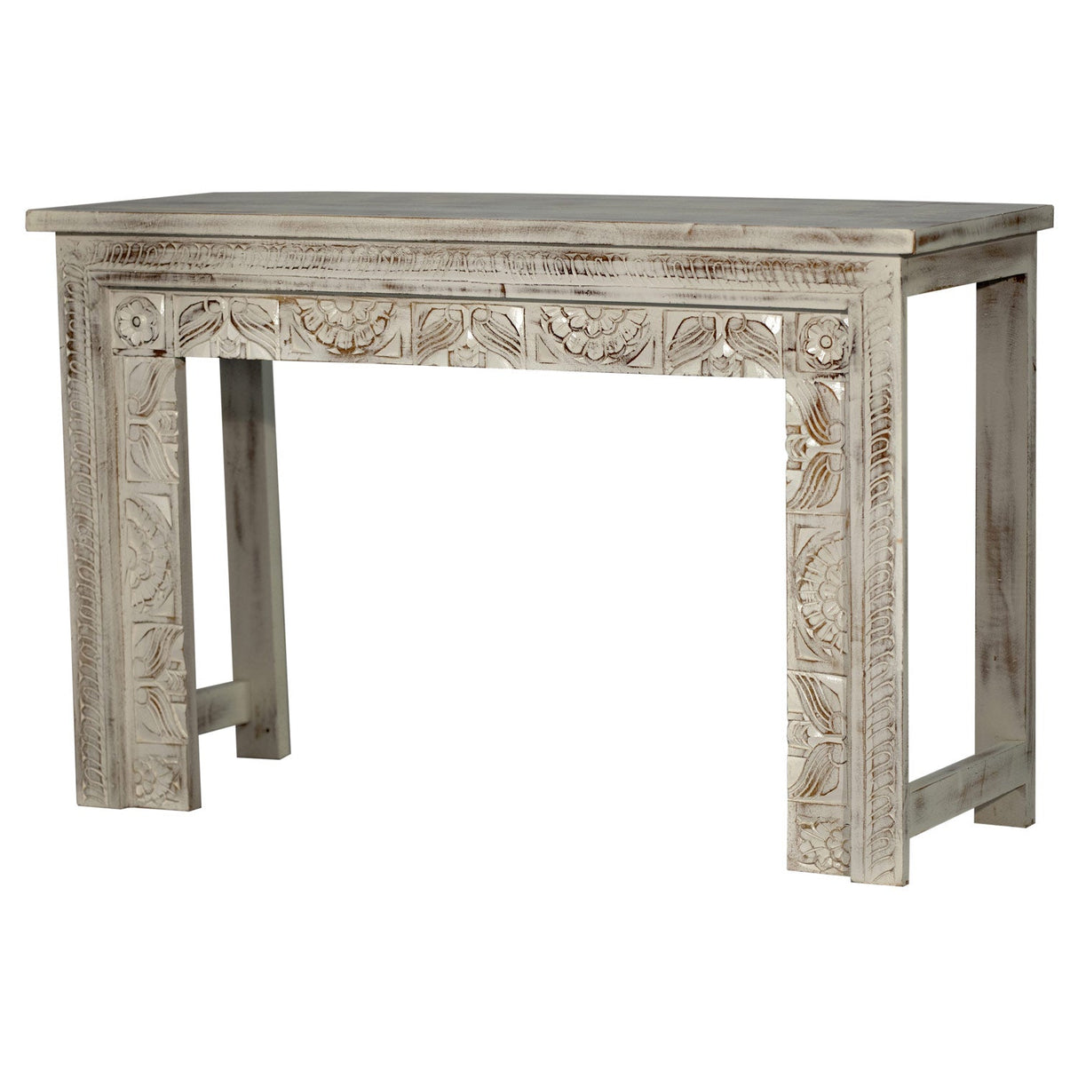 47 in. Long Mid Century Modern Solid Wood Carved Distressed Console