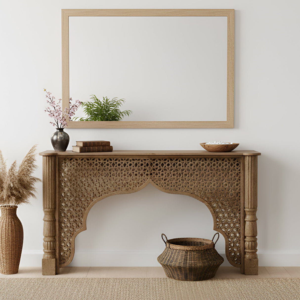 Mediterranean Style Carved Lattice Arch Solid Wood 75" Long Console