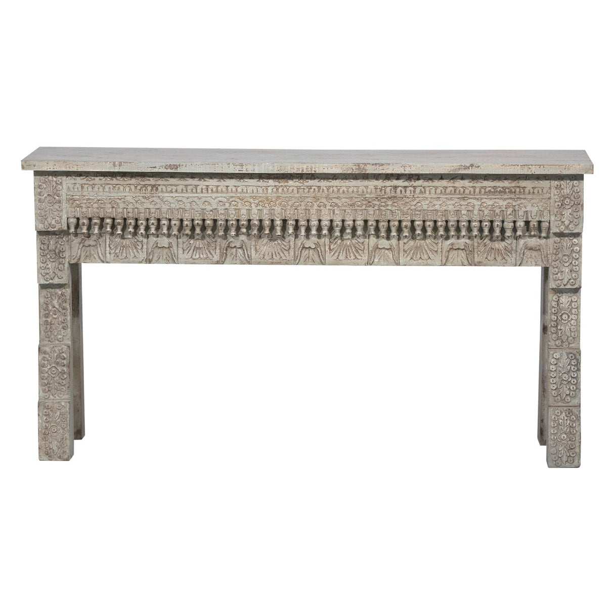 Farmhouse Style Hand Carved Solid Wood Spindles Distressed Sofa Table